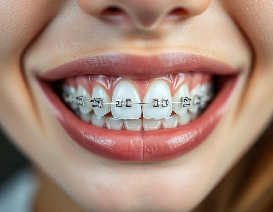 Detalhe de dentes com aparelho ortodôntico